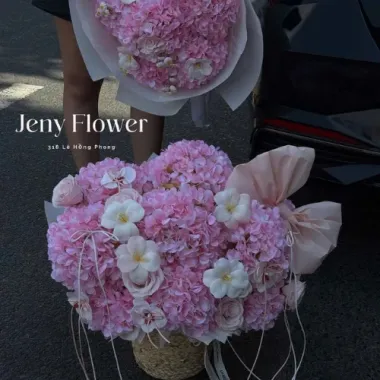 Giỏ hoa lụa cẩm tú cầu phối hoa sáp hồng 