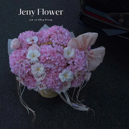 Giỏ hoa lụa cẩm tú cầu phối hoa sáp hồng 